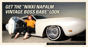 the Nikki Napalm boss babe look, Nikki on top of vintage car