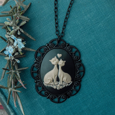 Siamese Cats Oval Cameo Black Victorian Goth Necklace