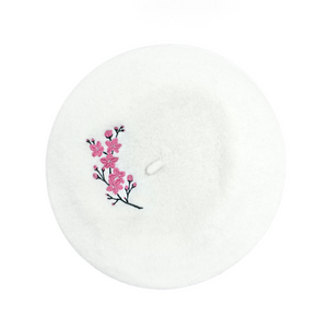 Embroidered Cherry Blossom Ivory Beret 