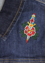 Load image into Gallery viewer, Embroidered Dagger and Rose Denim Vest