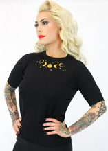 Load image into Gallery viewer, Vintage Inspired Embroidered Lunar Phases Black Moon Knit Top 