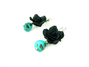 Handmade Polymer Clay Black Flowers and Blue Skulls Earrings