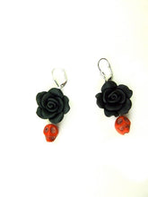 Load image into Gallery viewer, Handmade Polymer Clay Black Flowers and red Skulls Earrings