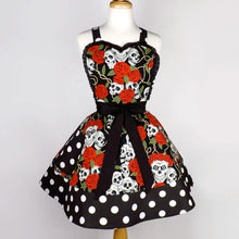 Load image into Gallery viewer, Black Skulls, Thorns, and Roses Apron on mannequin 