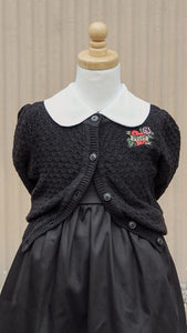 mom cardigan styled with black dress white collar on mannequin