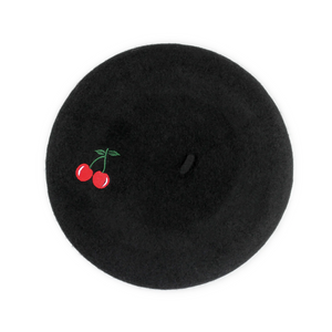 Embroidered Cherry Black Beret
