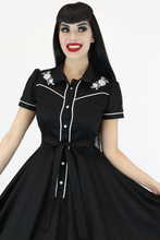 Load image into Gallery viewer, Black and White Rose Embroidery Vintage Rockabilly Western Country Dress