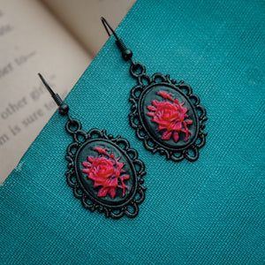 Handmade Red Rose Cameo Earrings