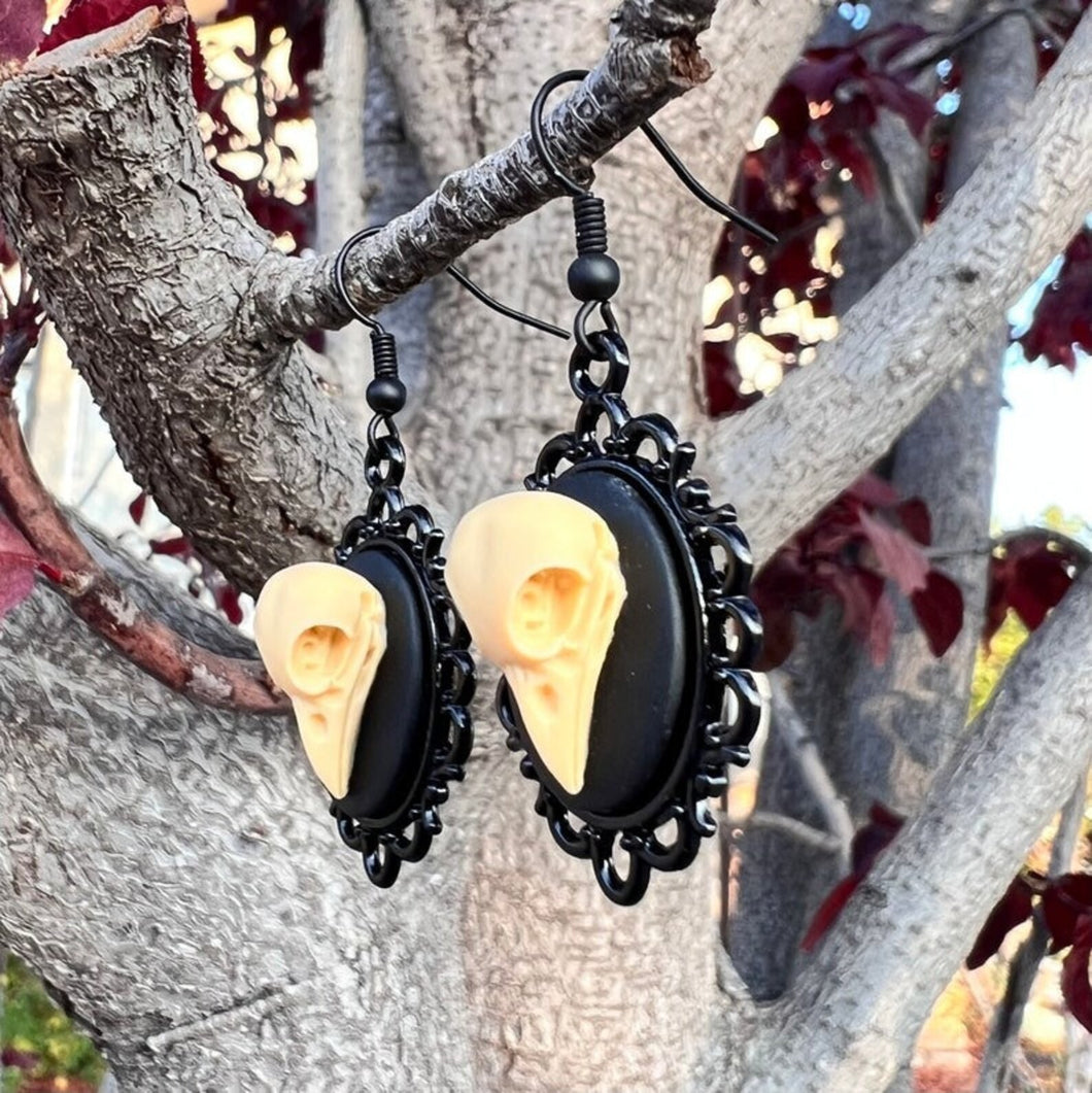 Handmade Edgar Allen Poe Inspired Raven resin Skull Cameo Earrings