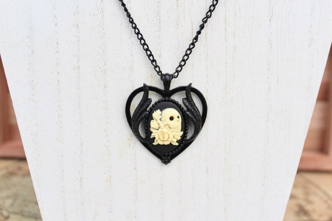 Skull and Roses Heart Cameo Black Victorian Goth Necklace