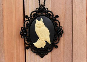 Great Horned Owl Black Victorian Cameo Necklace