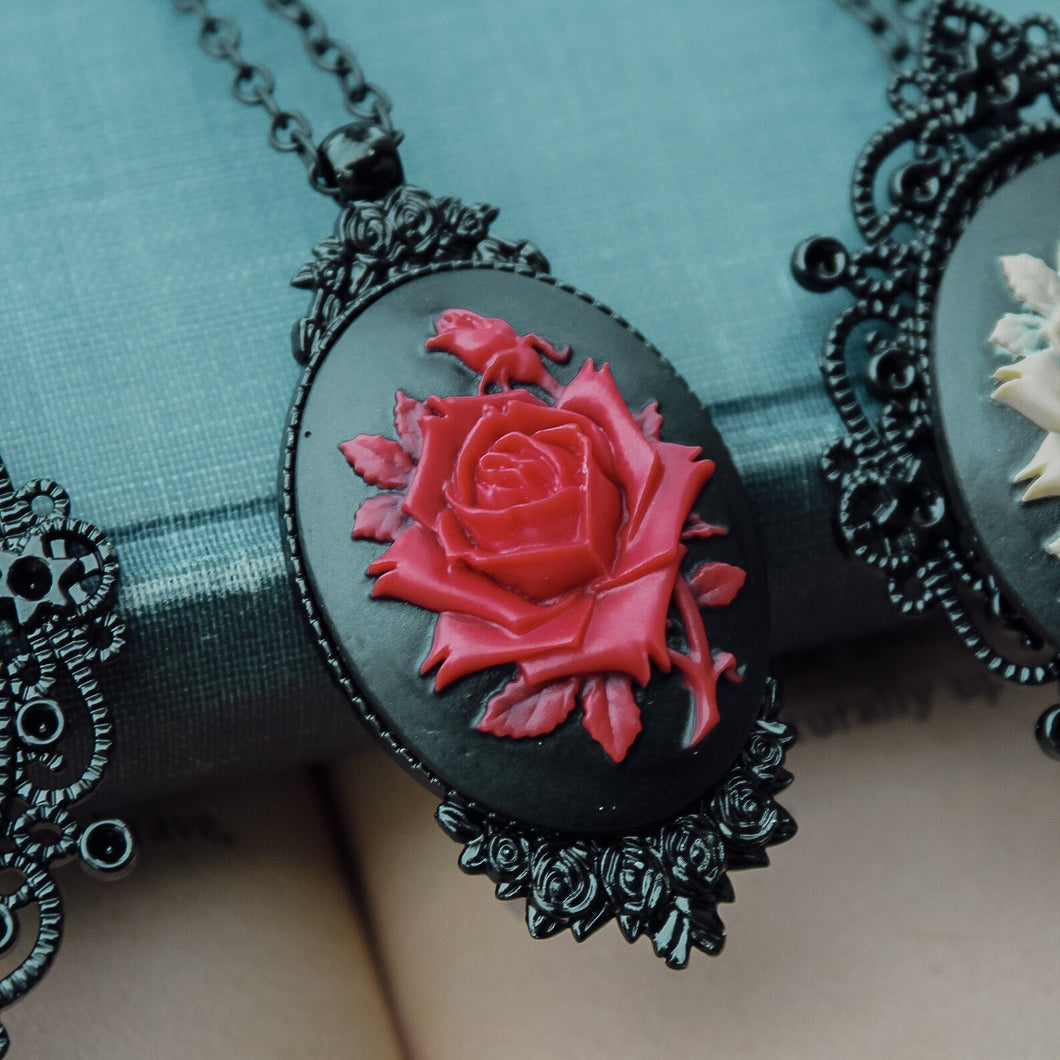 Red Rose Oval Cameo Black Victorian Goth Necklace