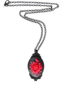 Red Rose Oval Cameo Black Victorian Goth Necklace