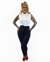 Load image into Gallery viewer, Tie Waist Navy High Waist Cigarette Pants