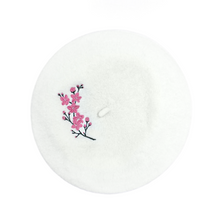 Load image into Gallery viewer, Embroidered Cherry Blossom Ivory Beret 