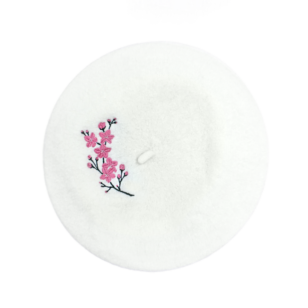 Embroidered Cherry Blossom Ivory Beret 