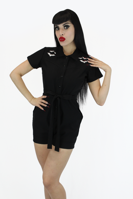 Bat Stretchy Black Romper With Belt