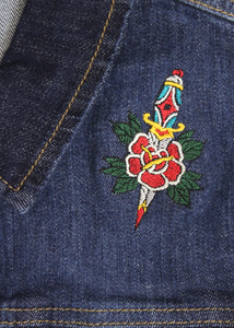 Embroidered Dagger and Rose Denim Vest