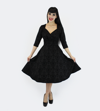 Load image into Gallery viewer, Holiday Black PinUp Damask 1950s Vintage Inspired Circle Party Dress w/ Pockets