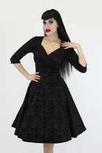 Load image into Gallery viewer, Holiday Black PinUp Damask 1950s Vintage Inspired Circle Party Dress w/ Pockets