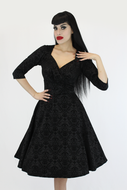 Holiday Black PinUp Damask 1950s Vintage Inspired Circle Party Dress w/ Pockets