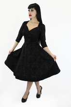 Load image into Gallery viewer, Holiday Black PinUp Damask 1950s Vintage Inspired Circle Party Dress w/ Pockets