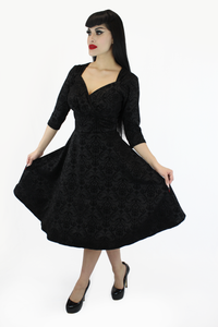 Holiday Black PinUp Damask 1950s Vintage Inspired Circle Party Dress w/ Pockets