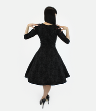 Load image into Gallery viewer, Holiday Black PinUp Damask 1950s Vintage Inspired Circle Party Dress w/ Pockets