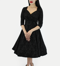 Load image into Gallery viewer, Holiday Black PinUp Damask 1950s Vintage Inspired Circle Party Dress w/ Pockets