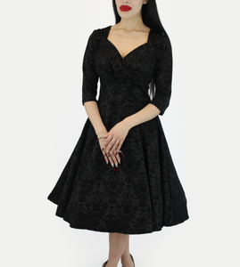 Holiday Black PinUp Damask 1950s Vintage Inspired Circle Party Dress w/ Pockets