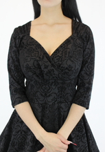 Load image into Gallery viewer, Holiday Black PinUp Damask 1950s Vintage Inspired Circle Party Dress w/ Pockets