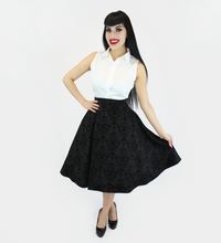 Load image into Gallery viewer, Vintage Inspired Holiday Damask Circle Skirt, Black Audrey Hepburn Full Circle Skirt w/ Pockets XS-3X