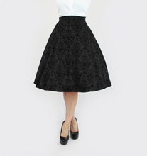 Load image into Gallery viewer, Vintage Inspired Holiday Damask Circle Skirt, Black Audrey Hepburn Full Circle Skirt w/ Pockets XS-3X