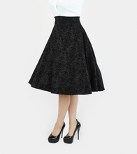 Load image into Gallery viewer, Vintage Inspired Holiday Damask Circle Skirt, Black Audrey Hepburn Full Circle Skirt w/ Pockets XS-3X