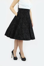 Load image into Gallery viewer, Vintage Inspired Holiday Damask Circle Skirt, Black Audrey Hepburn Full Circle Skirt w/ Pockets XS-3X