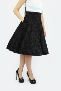 Vintage Inspired Holiday Damask Circle Skirt, Black Audrey Hepburn Full Circle Skirt w/ Pockets XS-3X