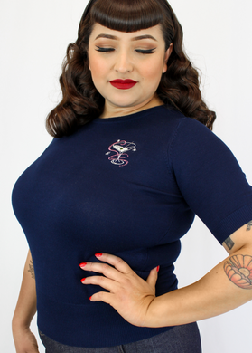 Embroidered Martini Navy Blue Knit Top