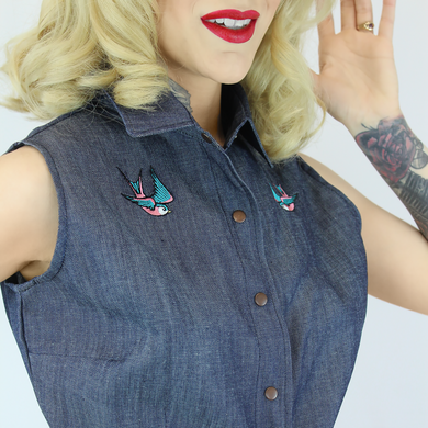 Embroidered Sparrows Denim Knot Top