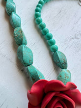 Load image into Gallery viewer, Turquoise Stone Statement Necklace With Red Rose