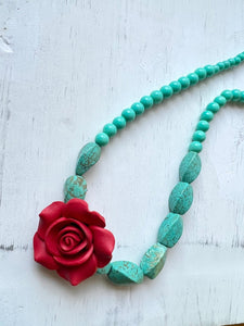 Turquoise Stone Statement Necklace With Red Rose