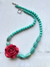 Load image into Gallery viewer, Turquoise Stone Statement Necklace With Red Rose
