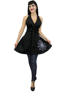 model wearing Spiderweb Black Vintage Inspired Apron