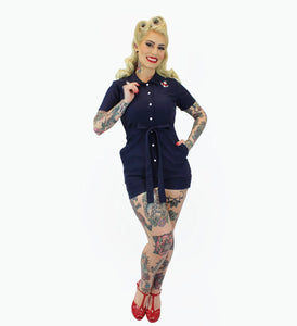 Nautical Embroidered Anchor Navy Romper With Belt