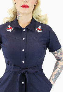 Nautical Embroidered Anchor Navy Romper With Belt