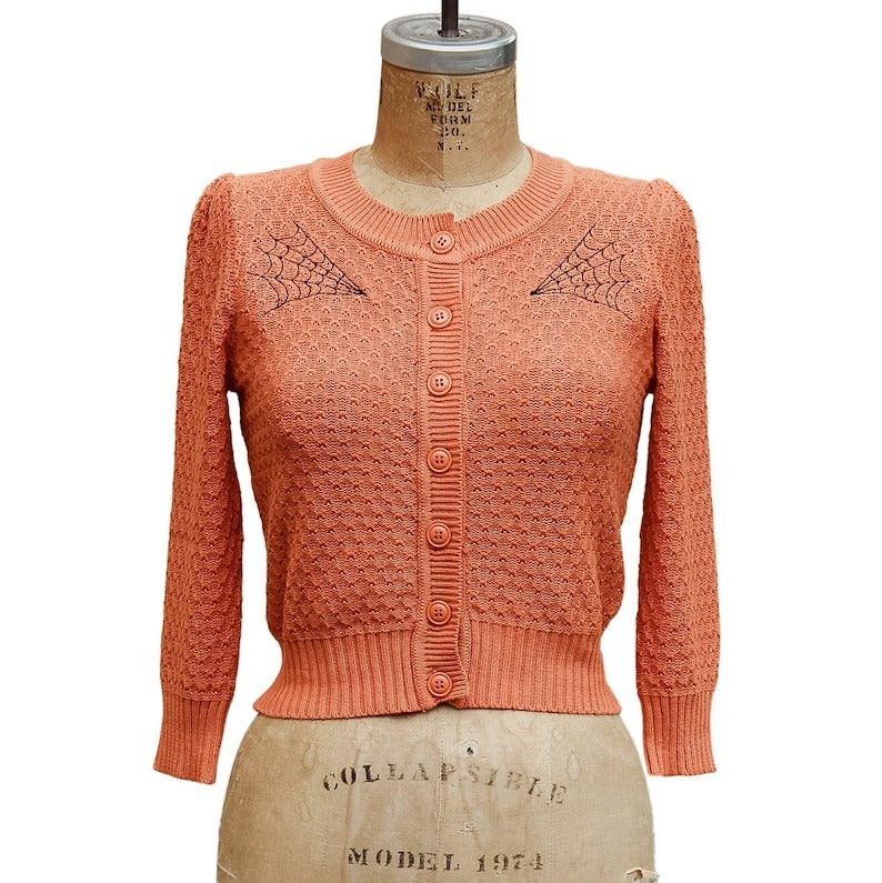 Embroidered Soft Orange Knit Sweater Cardigan - Spiderweb Rockabilly Button Up Sweater