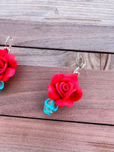 Load image into Gallery viewer, Handmade Polymer Clay Red Rose with Turquoise Skulls Earrings