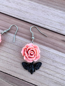 Pink Rose and Black Petite Moth Earrings