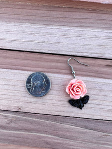 Pink Rose and Black Petite Moth Earrings