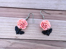 Load image into Gallery viewer, Pink Rose and Black Petite Moth Earrings