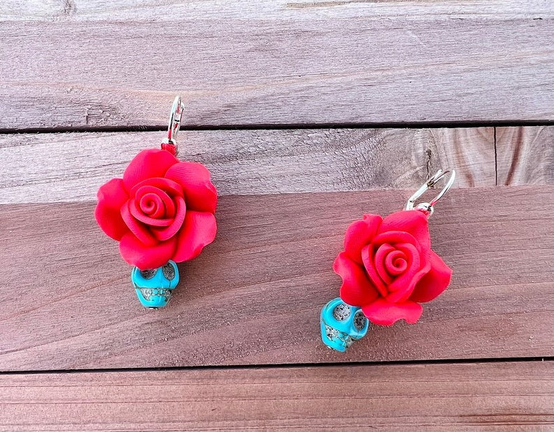 Handmade Polymer Clay Red Rose with Turquoise Skulls Earrings